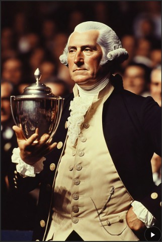 A historical reenactor dressed as George Washington holds a silver trophy, dressed in 18th-century attire, while a blurred audience is visible in the background.
