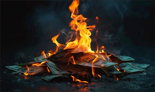 A pile of burning U.S. dollar bills engulfed in flames, emitting smoke against a dark background.