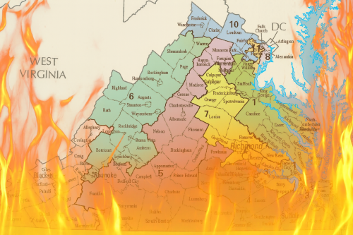 A political map of Virginia showing various congressional districts, overlaid with flames, highlighting a contentious atmosphere around redistricting.