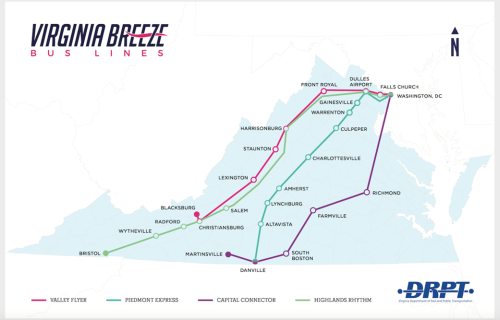 Map of Virginia Breeze bus lines, showing various routes connecting cities across the state.