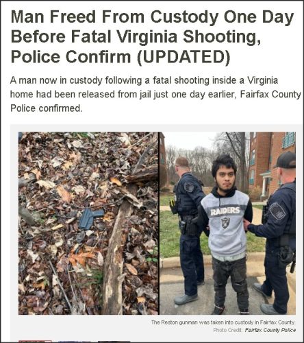 A news article header about a man being freed from custody one day before a fatal shooting in Virginia, with an image showing police officers and debris from the scene.