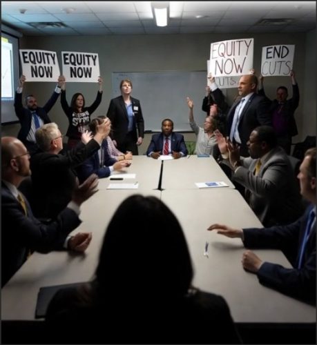 A conference room scene featuring a group of people at a long table, some sitting and others standing. Participants are holding signs that read 'EQUITY NOW' and 'END CUTS,' while a serious discussion takes place.