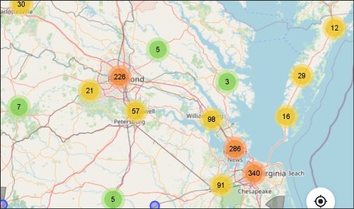 Map of Virginia showing locations and density of Flock license plate readers, with color-coded data points indicating different numbers of cameras.