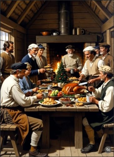 A festive gathering around a large wooden table, featuring men in historical attire enjoying a meal, with a roasted turkey, fruits, and pastries, and a small Christmas tree in the background.
