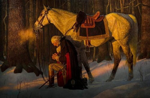 A historical painting depicting a man in traditional attire kneeling in the snow with his hands clasped, while a white horse stands beside him in a forest setting.