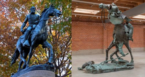 A bronze statue of a man on horseback against a backdrop of autumn leaves, alongside another statue of a dismounted rider with a horse lying at its feet, set in a gallery space.