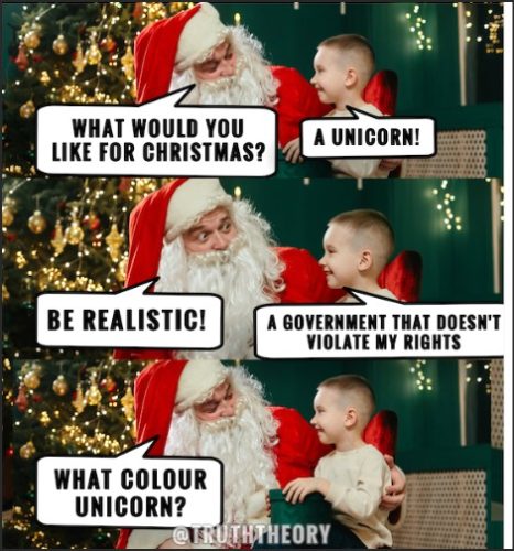 A humorous comic strip featuring Santa Claus asking a child what they would like for Christmas, followed by a dialogue where the child requests a unicorn and later comments on government rights.