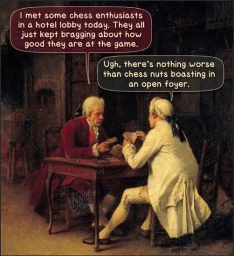 A humorous cartoon featuring two men in 18th-century attire sitting at a table, engaged in a conversation about chess enthusiasts in a hotel lobby, with speech bubbles expressing their thoughts on boasting.