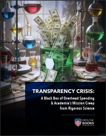 A laboratory scene with colorful beakers and flasks filled with liquids, featuring a central container overflowing with cash, illustrating the concept of financial issues related to university research funding, with the title 'TRANSPARENCY CRISIS' prominently displayed.