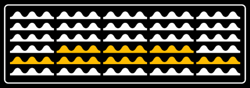A pattern of alternating white and yellow wave-like shapes arranged in rows against a black background.