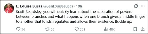 Tweet by L. Louise Lucas addressing Scott Beardsley about the separation of powers between government branches.