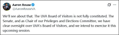 Tweet from Aaron Rouse discussing the University of Virginia's Board of Visitors and its oversight responsibilities.