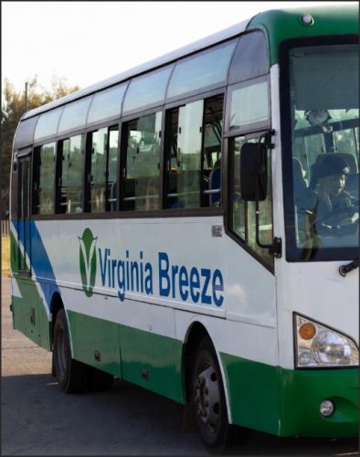 A Virginia Breeze public transit bus parked, featuring a green and white design with the 'Virginia Breeze' logo.