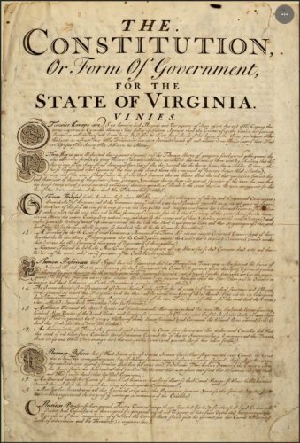 Historical document of the Virginia Constitution, detailing the framework for the state's government and legislative authority.