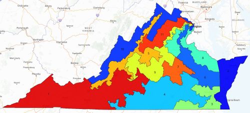 Political map of Virginia showing various electoral districts in different colors.