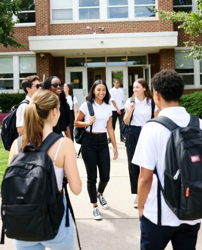 A group of high school students wearing casual attire, including white shirts and backpacks, walking and chatting in front of a school building on a sunny day.