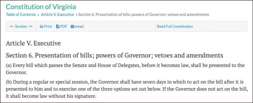 Screenshot of the Constitution of Virginia, specifically Article V, Section 6, discussing the presentation of bills and the powers of the Governor regarding vetoes and amendments.