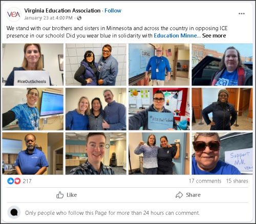 A collage of images featuring individuals wearing blue shirts in support of the #IceOutSchools movement, showing solidarity against ICE presence in schools.