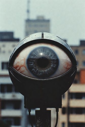 A large, artificial eye sculpture mounted on a pole, overlooking a cityscape with buildings in the background.
