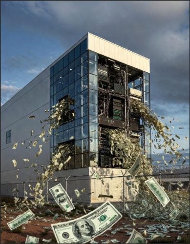 A building with glass walls has money flowing out of it, surrounded by falling dollar bills against a cloudy sky.