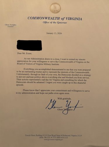 Letter from the Commonwealth of Virginia, Office of the Governor, dated January 13, 2026, expressing appreciation to Mr. Exner for his service on the Board of Visitors of Virginia Military Institute.