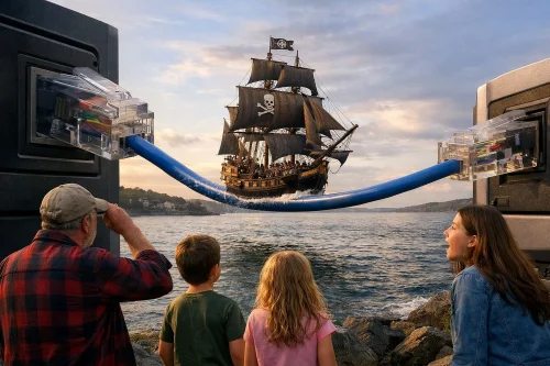A whimsical scene depicting a pirate ship sailing through the sky, connected by a blue cable extending from two large, colorful connectors. A group of three children and an adult man are observing the scene by the shore.