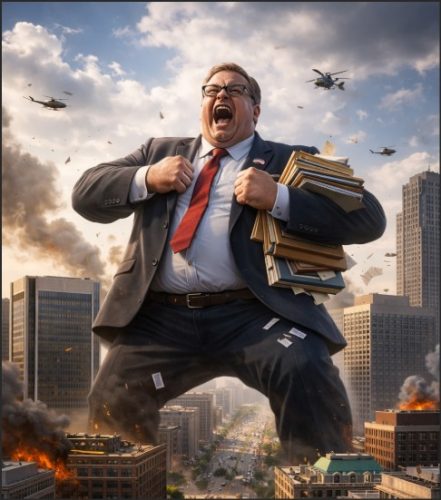 A large, cartoonish figure wearing a suit is shown in a chaotic cityscape, shouting and holding a stack of files. Surrounding him are crumbling buildings and helicopters in the sky, creating a dramatic and surreal atmosphere.