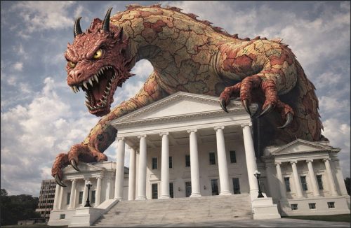 A massive, mythical dragon with a textured, cracked skin emerges from behind a large government building, creating a dramatic and fantastical scene.