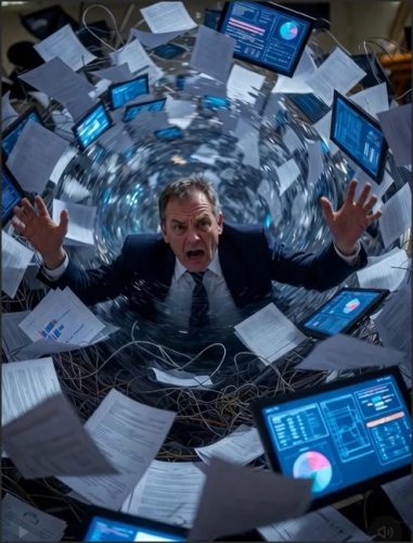 A distressed businessman surrounded by flying documents and multiple computer monitors displaying data and graphs.