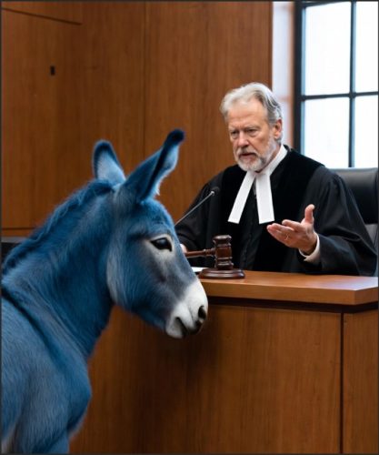 A blue donkey appears in a courtroom, facing a judge who is wearing black robes and a white collar. The judge is gesturing while speaking.