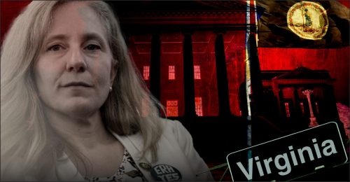 A woman with long hair, wearing a white blazer, in front of a stylized background featuring the Virginia State Capitol and a gold coin.
