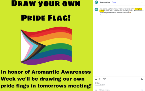 Graphic promoting a meeting for drawing pride flags, featuring a rainbow flag and text announcing participation for Aromantic Awareness Week.