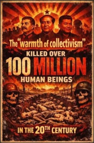 A propaganda poster depicting historical figures associated with collectivism, featuring a bold statement about the deaths of over 100 million people in the 20th century, with imagery of skulls and corpses in a dramatic red and black color scheme.