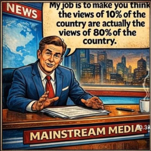 A news anchor sitting at a desk, smiling and gesturing, with a skyline backdrop and a speech bubble stating, 'My job is to make you think the views of 10% of the country are actually the views of 80% of the country.'