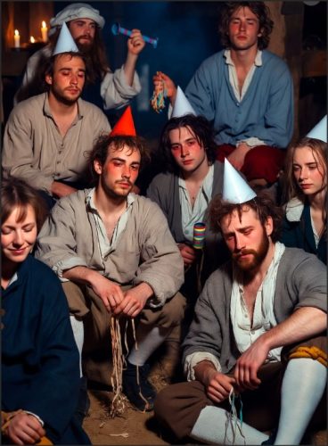 A group of individuals sitting together in a dimly lit setting, wearing party hats and holding festive items, portraying a celebratory atmosphere.
