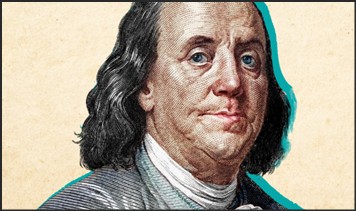 Portrait of Benjamin Franklin with a serious expression, featuring his distinctive gray hair and clothing with a light background.