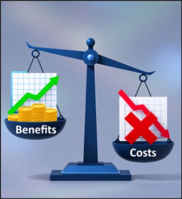 An illustration showing a balance scale with 'Benefits' represented by a green upward trend and gold coins on one side, and 'Costs' depicted by a red downward trend on the other side.