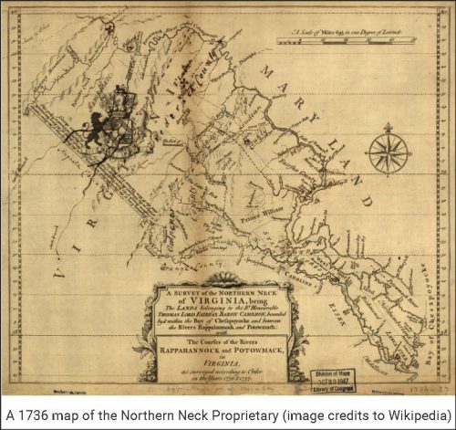 A 1736 map of the Northern Neck Proprietary in Virginia, showing land boundaries and rivers, with decorative elements and compass rose.
