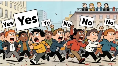 A group of children protesting in the streets, holding signs saying 'Yes' and 'No', with a variety of expressions showing determination and passion.