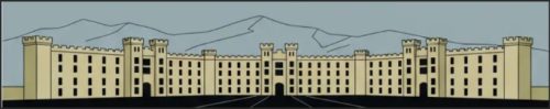 Illustration of a large, symmetrical castle-like structure with multiple towers and battlements, set against a backdrop of mountains.