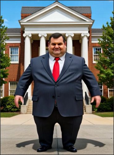 A chubby man wearing a dark suit and red tie stands confidently in front of a brick building with columns and green trees.