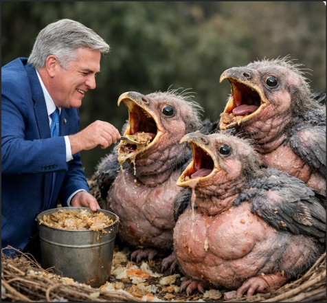 A man in a blue suit is feeding three large, hungry bird chicks in a nest, with a bucket of food in his hand.