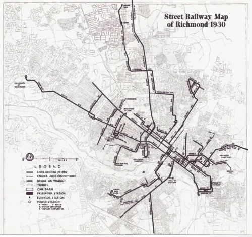 Historical street railway map of Richmond from 1930, showing railway lines, stations, and major roads.
