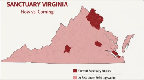 Map of Virginia showing current and upcoming sanctuary policies, with areas of current sanctuary policies in dark red and areas at risk under 2026 legislation in a lighter shade.