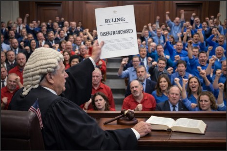 A judge in a courtroom holding up a ruling document labeled 'DISENFRANCHISED,' with a large crowd of supporters in the background, some wearing blue and others in red, raising their fists in protest.