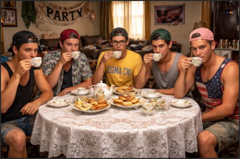 Five young men sitting around a table adorned with a white lace tablecloth, casually sipping tea from small cups. The table is filled with various pastries and snacks, and the background features a warm and cozy room with decorative items and a 'PARTY' banner.