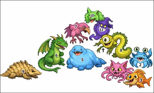 A colorful collection of cartoon-style fantasy creatures, including a dragon, a blue monster, various playful beasts, and a dinosaur. Each creature is numbered and features vibrant colors like green, pink, purple, and yellow.