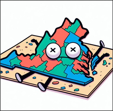 A cartoon-style illustration of the state of Virginia depicted as a character with large eyes and a distressed expression, lying on a colorful map background, with a playful and humorous design.