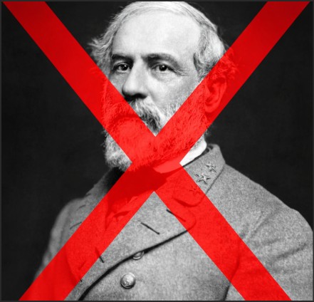 Black and white portrait of a man with a beard and military uniform, overlaid with a red 'X'.