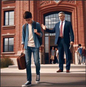 A teenage boy with a backpack walks away from a school building while an adult man in a suit gestures behind him.